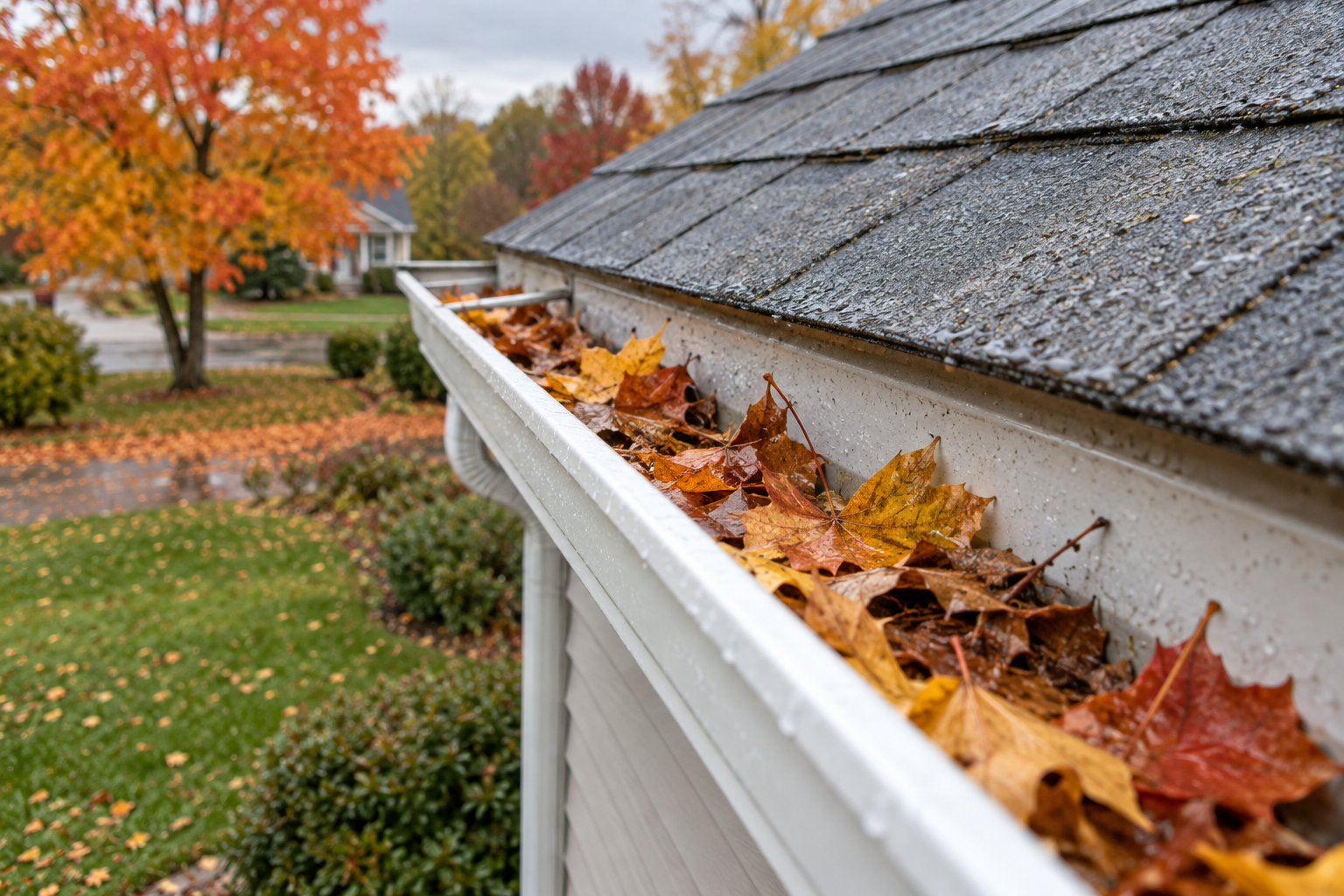 Autumn leaves collected in a white rain gutter beneath a shingle roof, with fall trees in the background.