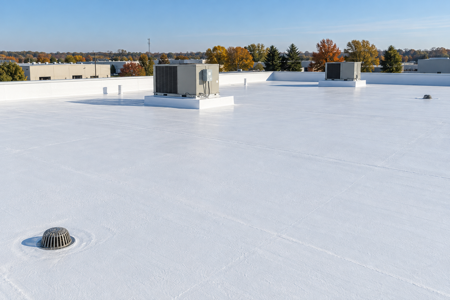 White-coated low-slope commercial roof in Columbus, OH.